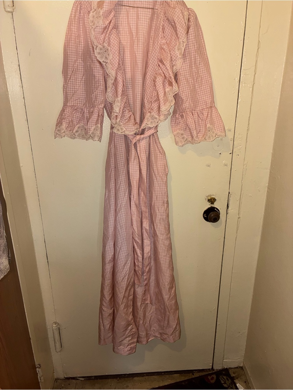 Givenchy Pink Gingham Lace-Trim Long Robe